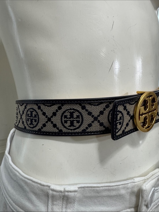 Tory Burch Black and Beige Logo Web Belt with Gold Medallion Buckle Size Small main image 9